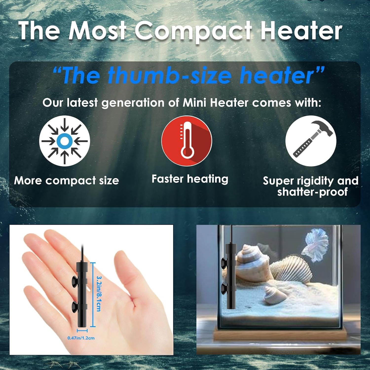 Mini Aquarium Heater 15W Super Small Fish Tank Heater with Digital Display Thermostat, Alumina Ceramic Betta Tank Heater Turtle Heater for 1-3 Gallon Tanks