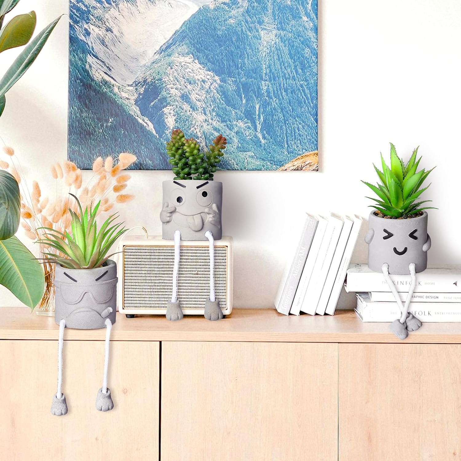 INFTYLE Creative Artificial Succulent Plants in pots - 4 Pieces Mini Fake Plant Faux Succulent Emotional Cement Potted for Home Desk Shelf Kitchen and Office Decor (4 PCS New)