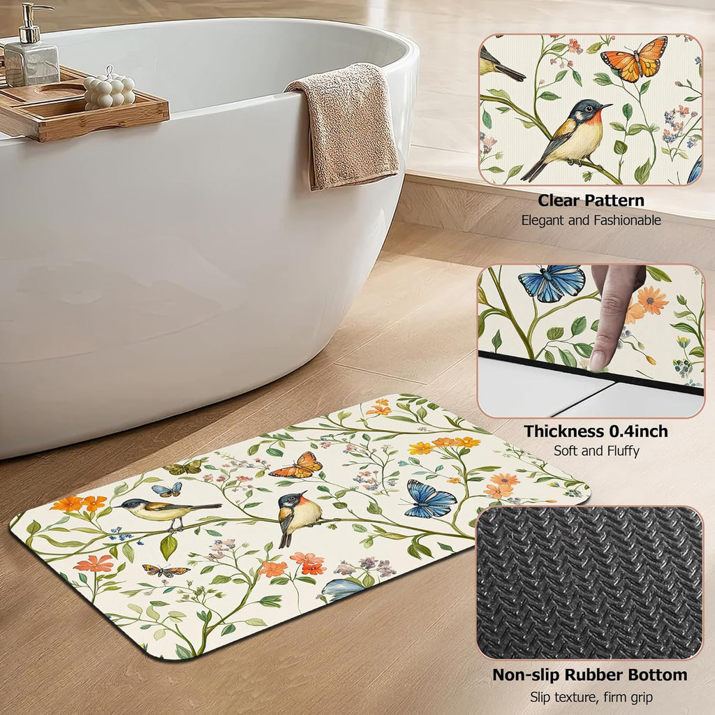 Diatomaceous Earth Bath Mat,Watercolor Birds Butterfly Bath Rugs,Non-Slip Thin Absorbent Fast Drying Easy to Clean for Bathroom Laundry Home Kitchen Door Mat 17x29.5Inch