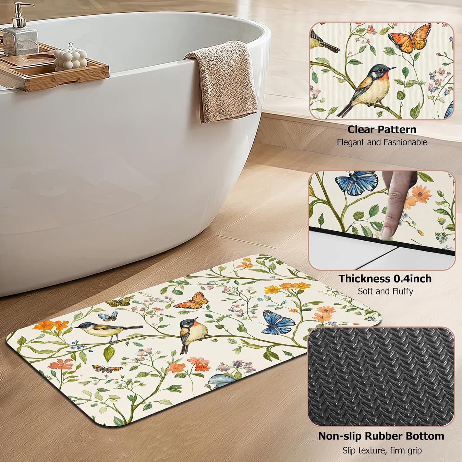 Diatomaceous Earth Bath Mat,Watercolor Birds Butterfly Bath Rugs,Non-Slip Thin Absorbent Fast Drying Easy to Clean for Bathroom Laundry Home Kitchen Door Mat 17x29.5Inch