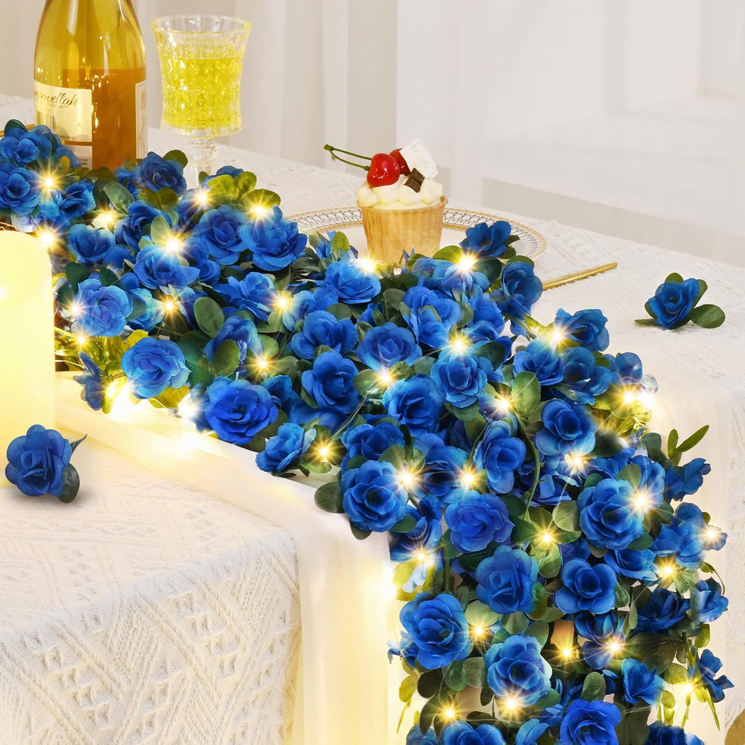 BLEUM CADE 5Pcs 41Ft Flower Garland Artificial Rose Vines with 32.8Ft String Lights, Cute Fake Hanging Flower Vines Floral Garland Decorations for Wedding Party Wall Room Decor Aesthetic