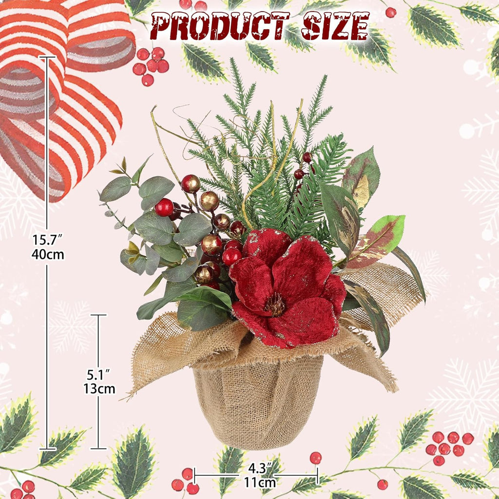 Briful 15.7’’ Premium Artificial Christmas Arrangement with Red Magnolia, Pomegranate & Gold Berries in Burlap Pot, Elegant Holiday Centerpiece for Farmhouse & Modern Christmas Décor
