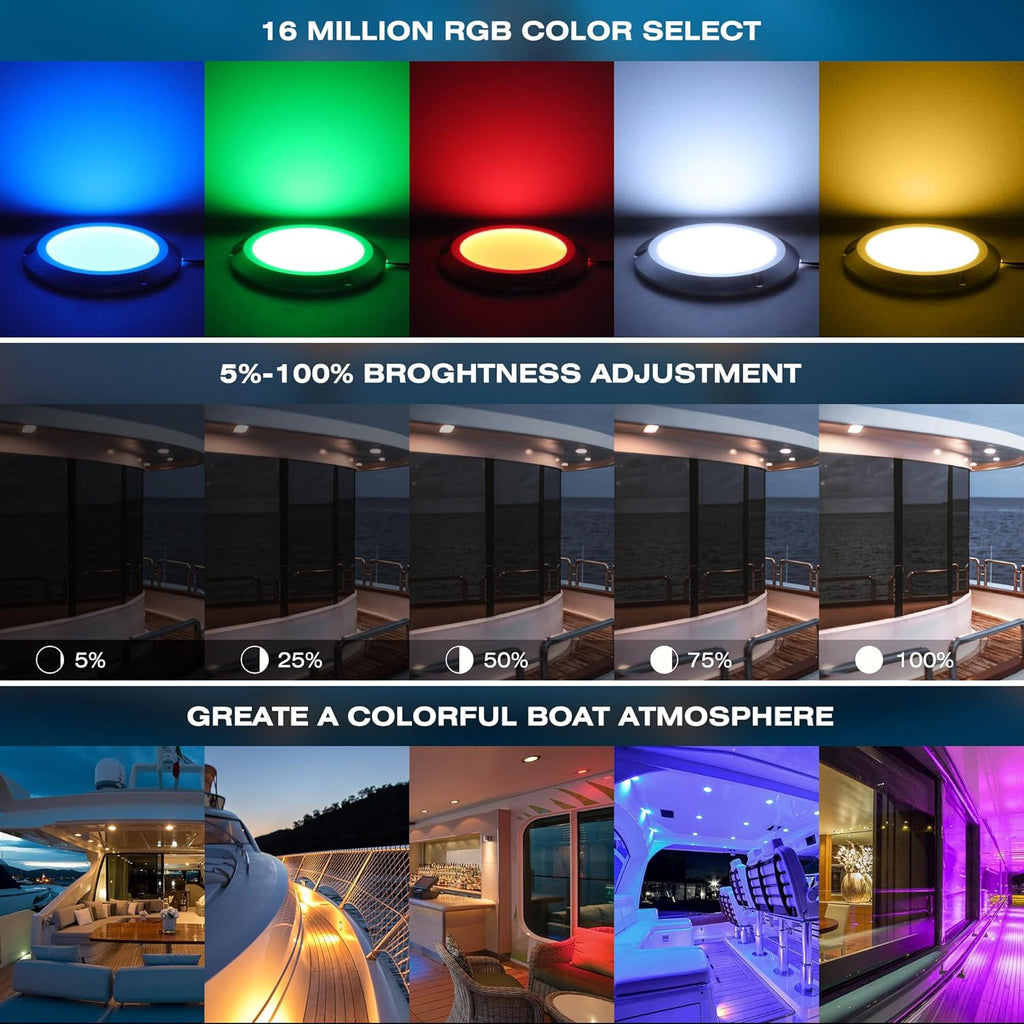 HUSUKU RS6-1 LED Marine Courtesy Light Boat Interior Light, 2PCS 4In RGB Marine Ceiling Dome Lights, IP65 DC12V 10W 1000LM All-Metal Body, Color Change LED Lighting for Yacht Transom Pontoon Deck RV