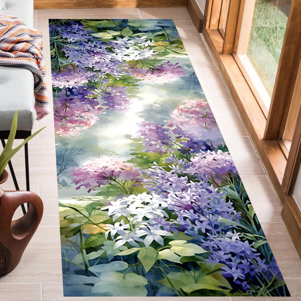 Floral Landscape Runner Rug, 2.6x10ft, Stereoscopic Floral Purple Violet Hydrangea Green Leaf Plants 3D Illusion Hallway Rug, Easy Clean Low Pile No Crease Carpet for Porch Kitchen
