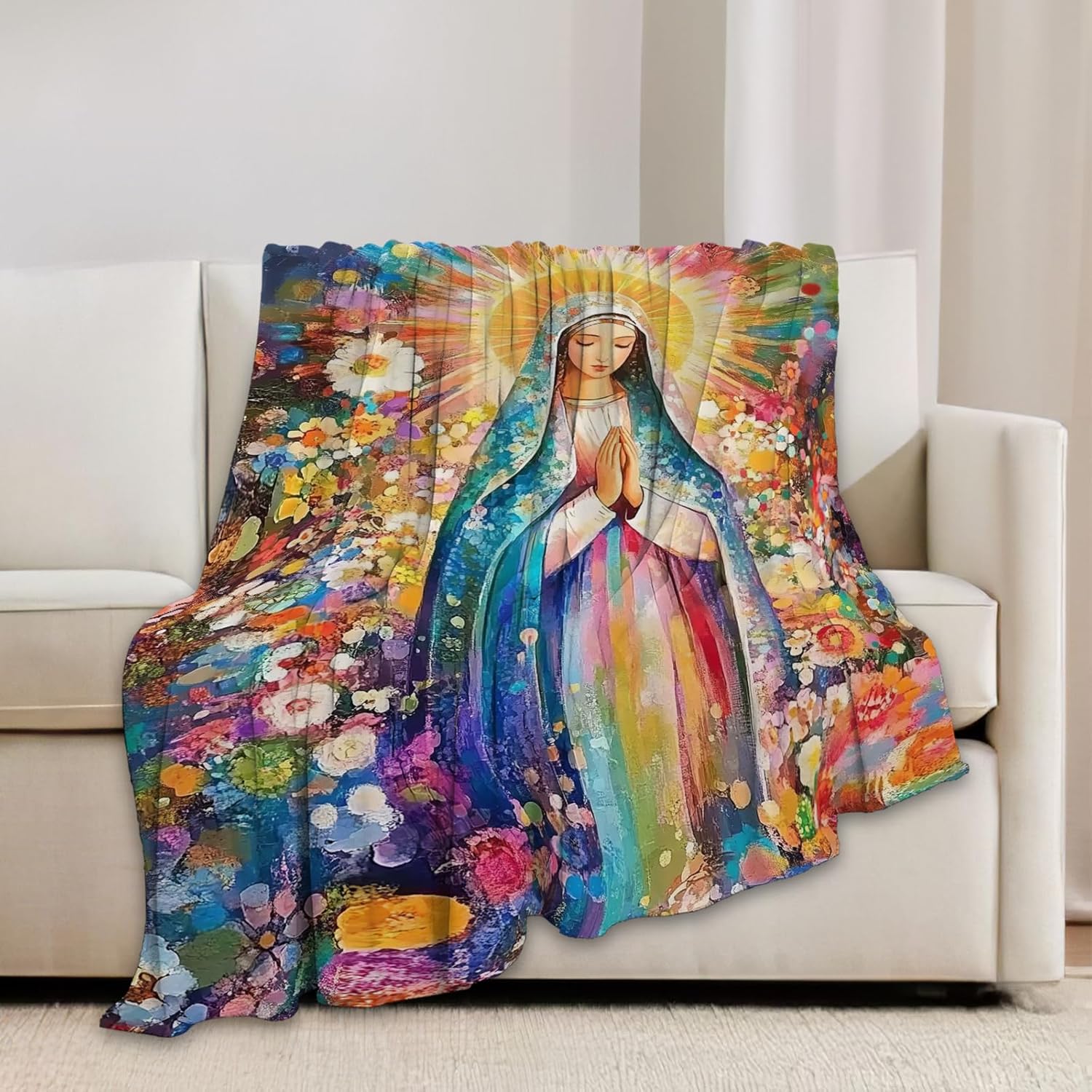 Virgin Mary Blanket Catholic Christian Throw Blankets Religious Gifts for Women Men Faith Prayer Soft Cozy Fleece Plush for Couch Sofa Bed 50"x40"