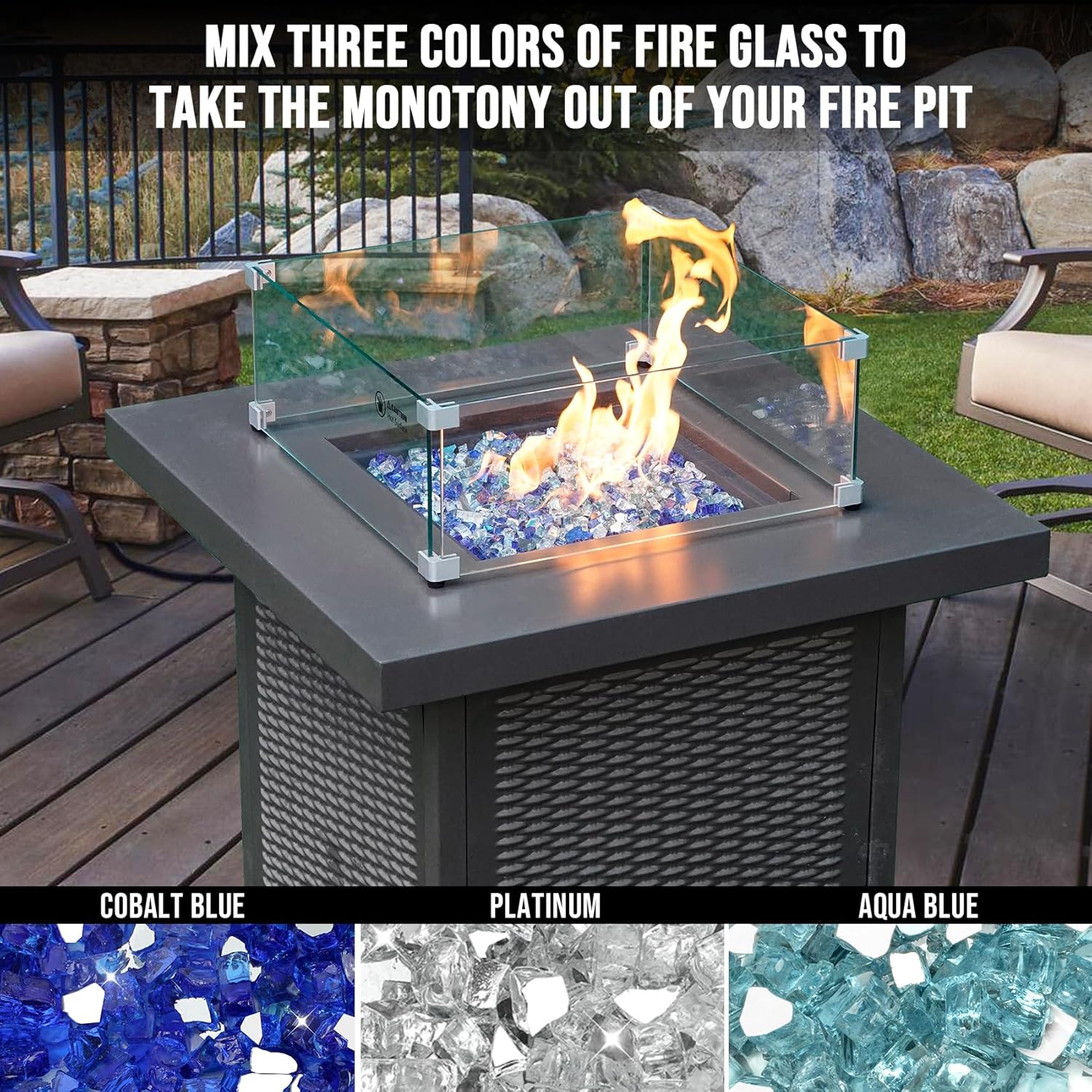 Skyflame 10-Pound Blended Fire Glass for Fire Pit Fireplace Landscaping, 1/2 inch Aqua Blue, Platinum, Cobalt Blue, Reflective