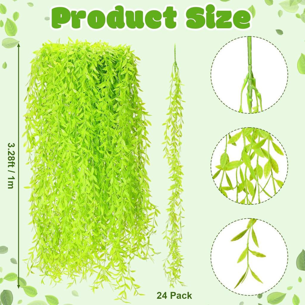 Riceshoot 24 Pcs Artificial Hanging Vines Fake Weeping Willow Leaves Decor Fake Seaweed Artificial Vines Greenery Garland for Wedding Party Backdrop Wall Decor Garden Patio Backyard (Light Green)