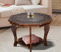 The Wooden Town Farmhouse Octagon Accent End Table, Rustic Side Table Nightstands for Living Room, Bedroom, Foldable Coffee Tables with Carving, Wood Tray Top, Handcrafted Finish, 24"x24"x18" - Burnt