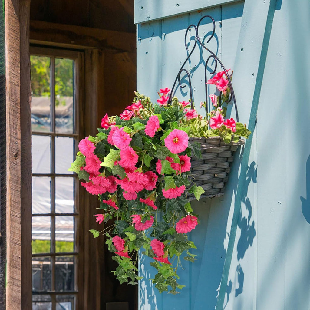 RECUTMS Artificial Fake Hanging Flowers Plants for Outdoor Decoration, 2 Pcs UV Resistant Faux Petunias Trailing Plants Realistic Flower Look Real for Door Wall Yard Porch Garden Planter (Rose Red)