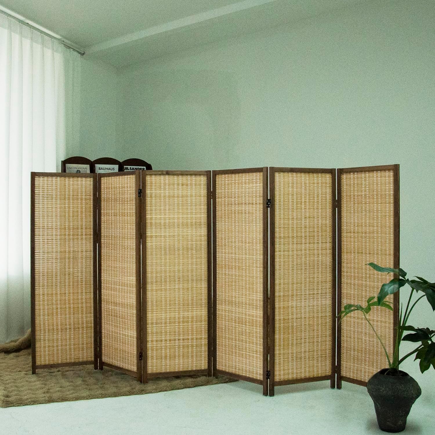 6 Panel Short Room Divider Folding Screen,47 inch Bamboo Panel Divider for Home Partition,Brown