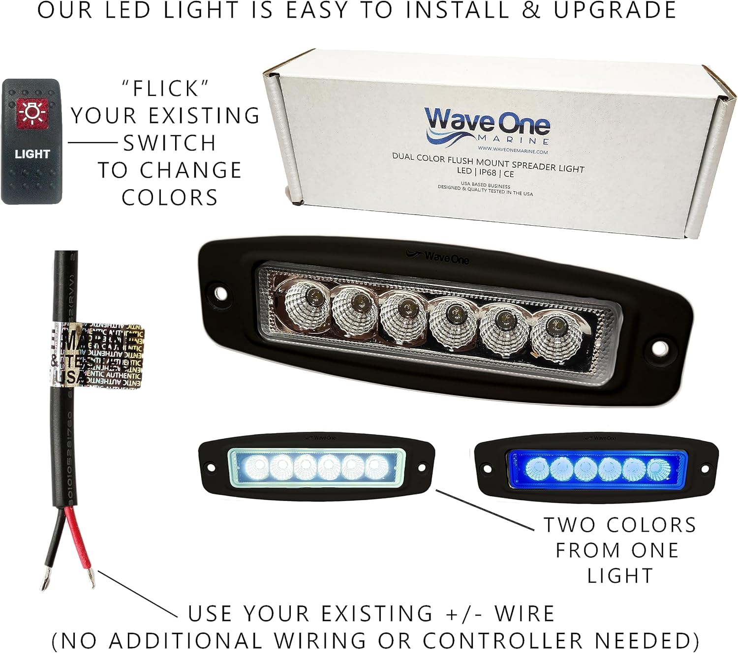 Wave One Marine Dual Color LED FLUSH Mount Spreader Light | Boat Deck Flood Beam | Stainless Hardware | IP68 Waterproof | High Lumen | 12-24 Volt DC Input (BLACK)