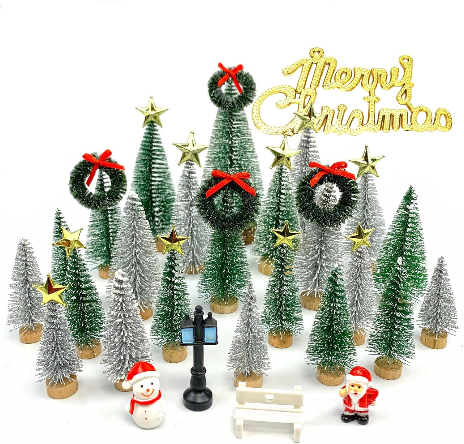 Mini Christmas Trees, Artificial Bottle Brush Trees Sisal Snow Trees with Wooden Base for Christmas Decor Christmas Party Home Table Village Craft Decorations (42 pcs kit)