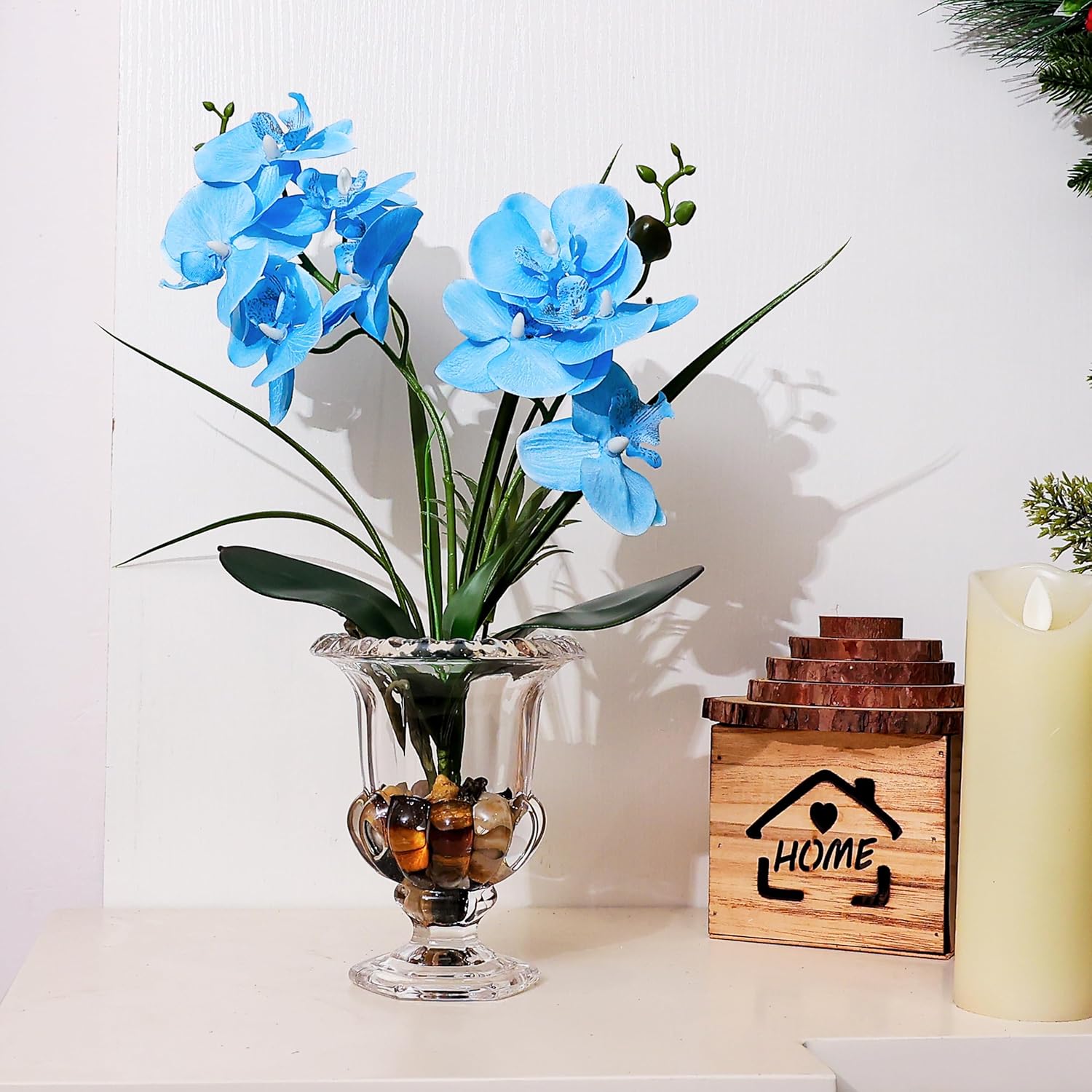 Jusdreen Artificial Blue Orchid in Glass Vase, Realistic Phalaenopsis Arrangement with Potting for Home Office Table Decor, 14.5 Inch Orchid Centerpiece