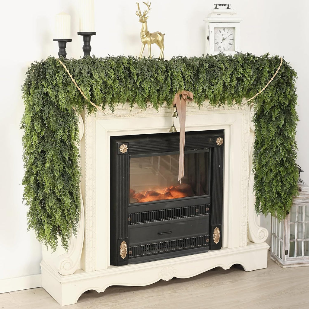 9FT Real Touch Christmas Cedar Garland - 1PCS, Artificial Pine Needles Garlands Realistic Fake Green Faux Garland for Holiday Fireplace,Table,Window,Stairs,Mante,Indoor Outdoor Decor