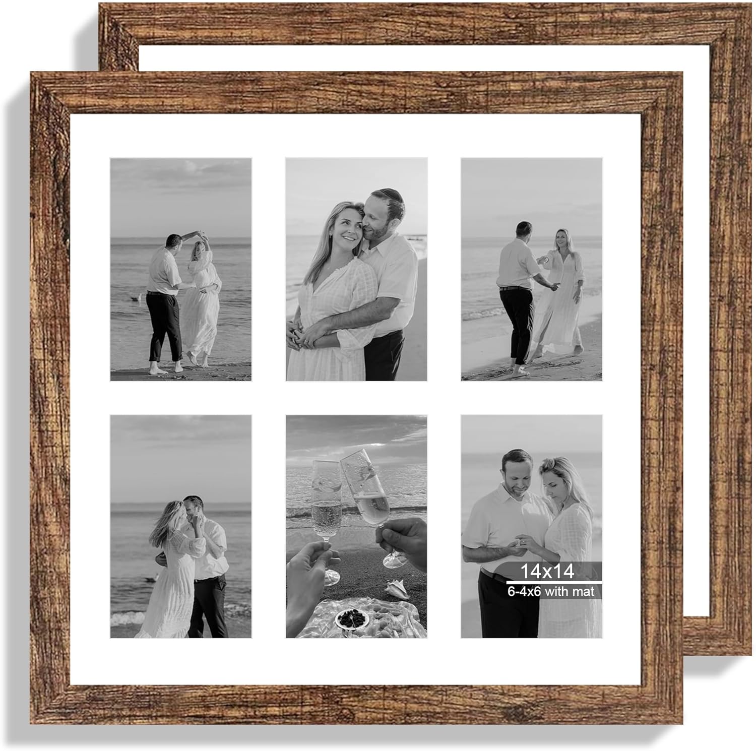 14x14 Picture Frame Set of 2, Rustic Brown with Glass Collage Frame, Display Photo Six Opening 4x6 With Mat or 14 x 14 Without Mat - Horizontal or Vertical Wall Mounting