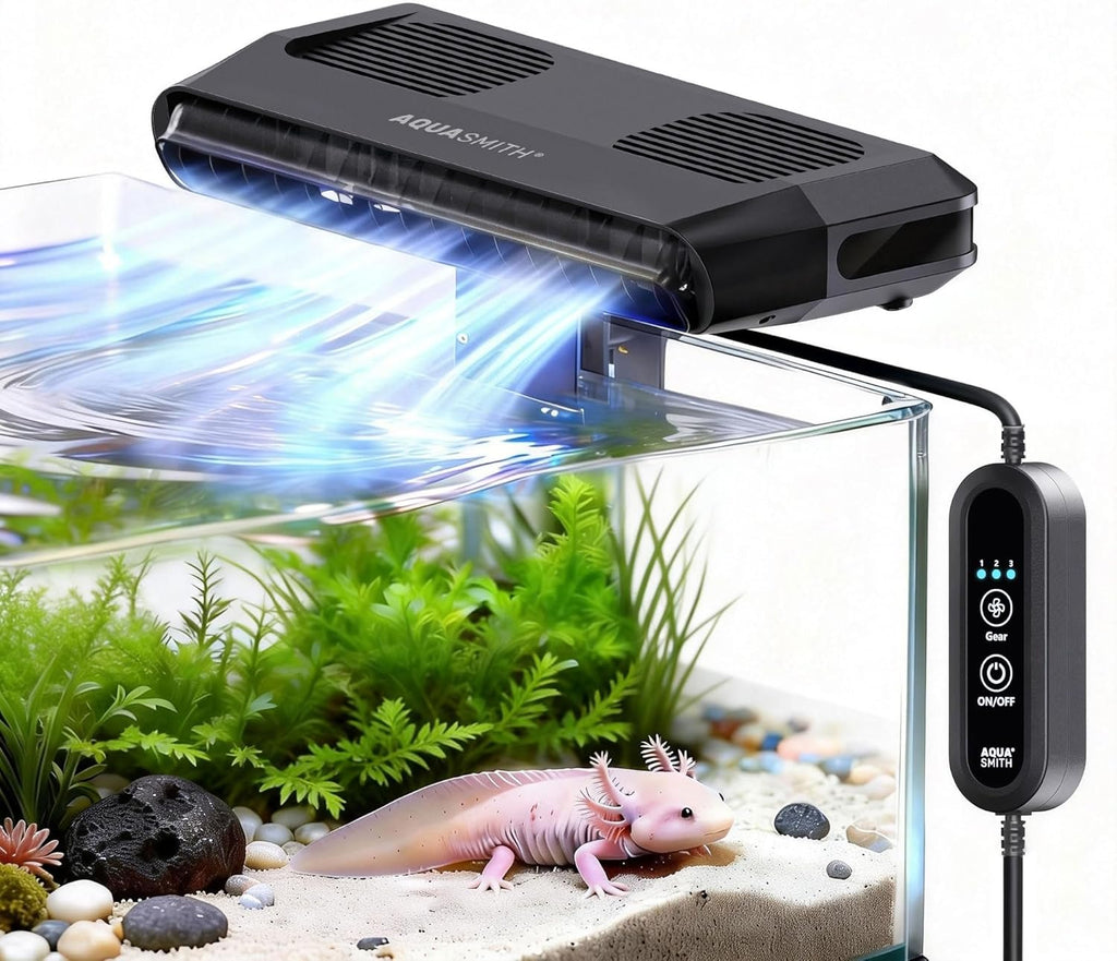 Aquarium Fan,Ultra-Quiet Fish Tank Cooler,More Powerful,Cooling Effect 3-7℉ with 3 Speed Modes Adjustable Applicable Aquariums with or Without Edges, for Axolotl Seawater Freshwater Coral Grass Tank