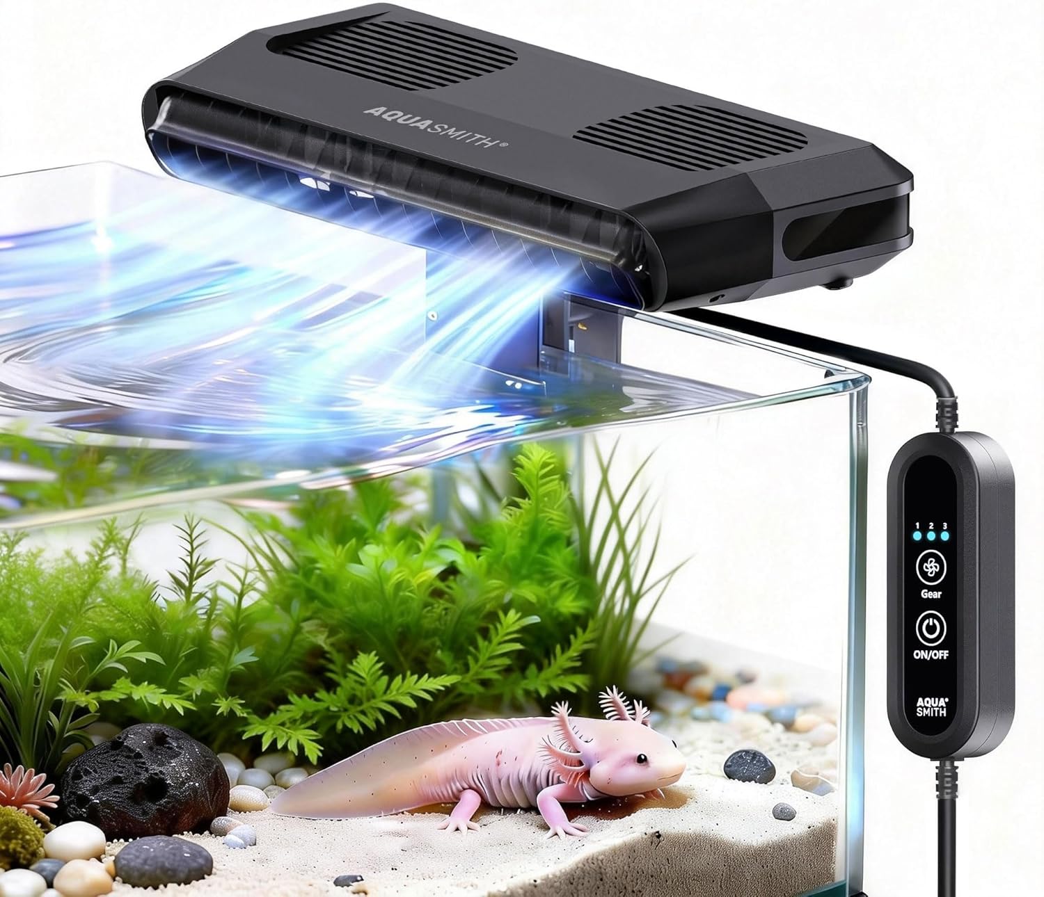 Aquarium Fan,Ultra-Quiet Fish Tank Cooler,More Powerful,Cooling Effect 3-7℉ with 3 Speed Modes Adjustable Applicable Aquariums with or Without Edges, for Axolotl Seawater Freshwater Coral Grass Tank