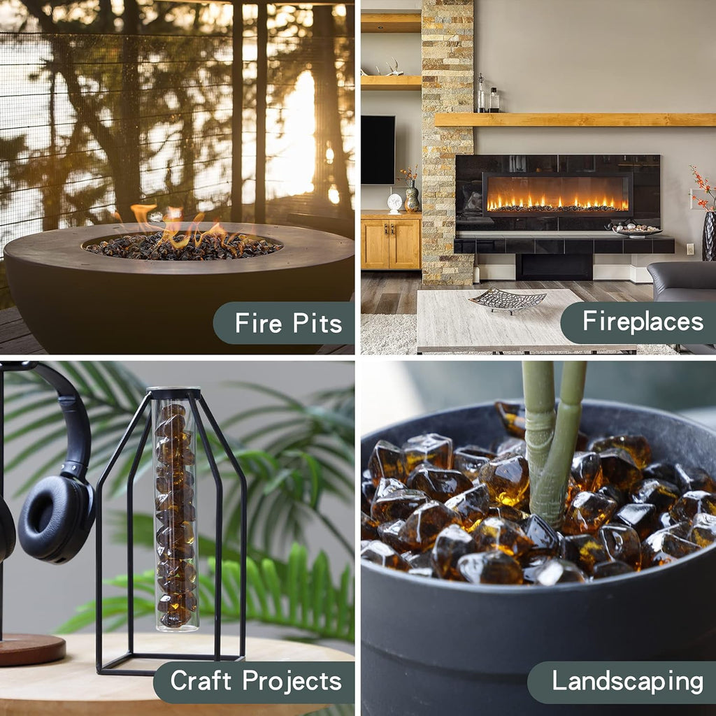 Onlyfire 1/2-Inch Polygon Fire Glass, 10 Pound Pack Glass Rock for Fireplace Fire Pit & Lanscaping, High Luster Amber