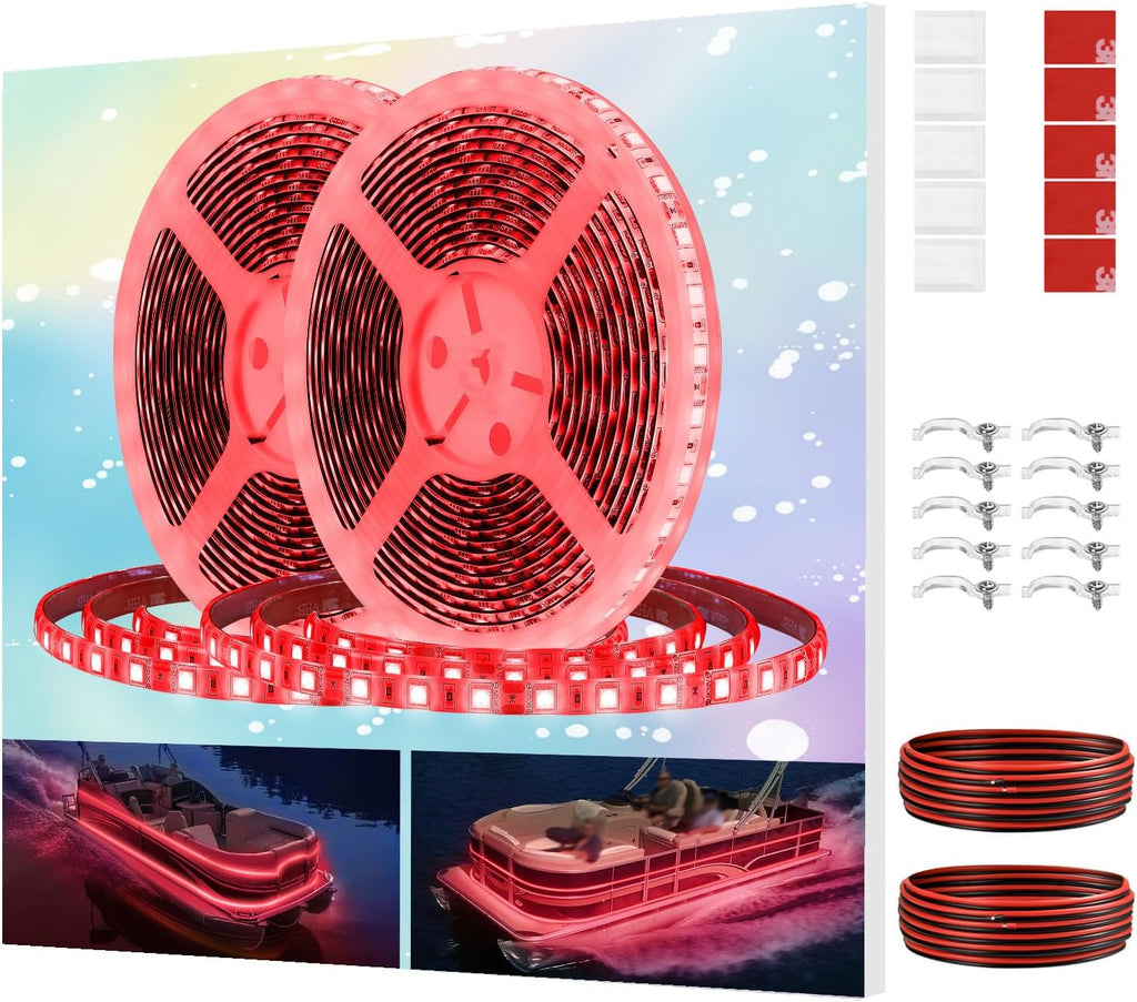 Pontoon Boat LED Strip Lights, 12V 32.8FT Red Waterproof Marine LED Light Boat Interior Light, Boats Deck Hull Gunnel Lights, Night Fishing Lighting for Bass, Jon, No Battery