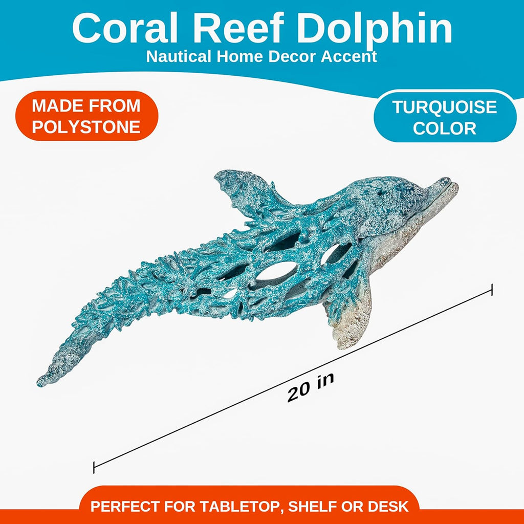 Coral Reef Dolphin Sculpture – 20" Turquoise Polystone Coastal Ocean Decor | Nautical Coral Look Dolphin Figurine for Beach House, Shelf, Mantel, or Tabletop Display