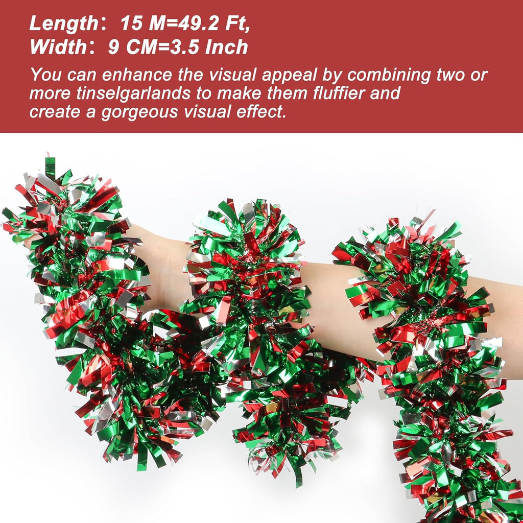 50 Feet Red & Green Silver Christmas Tinsel Garland Metallic Twist Shiny Hanging Garland for Christmas Tree Decorations Xmas Holiday Decor for Home Indoor Party Supplies (Red & Green Silver)