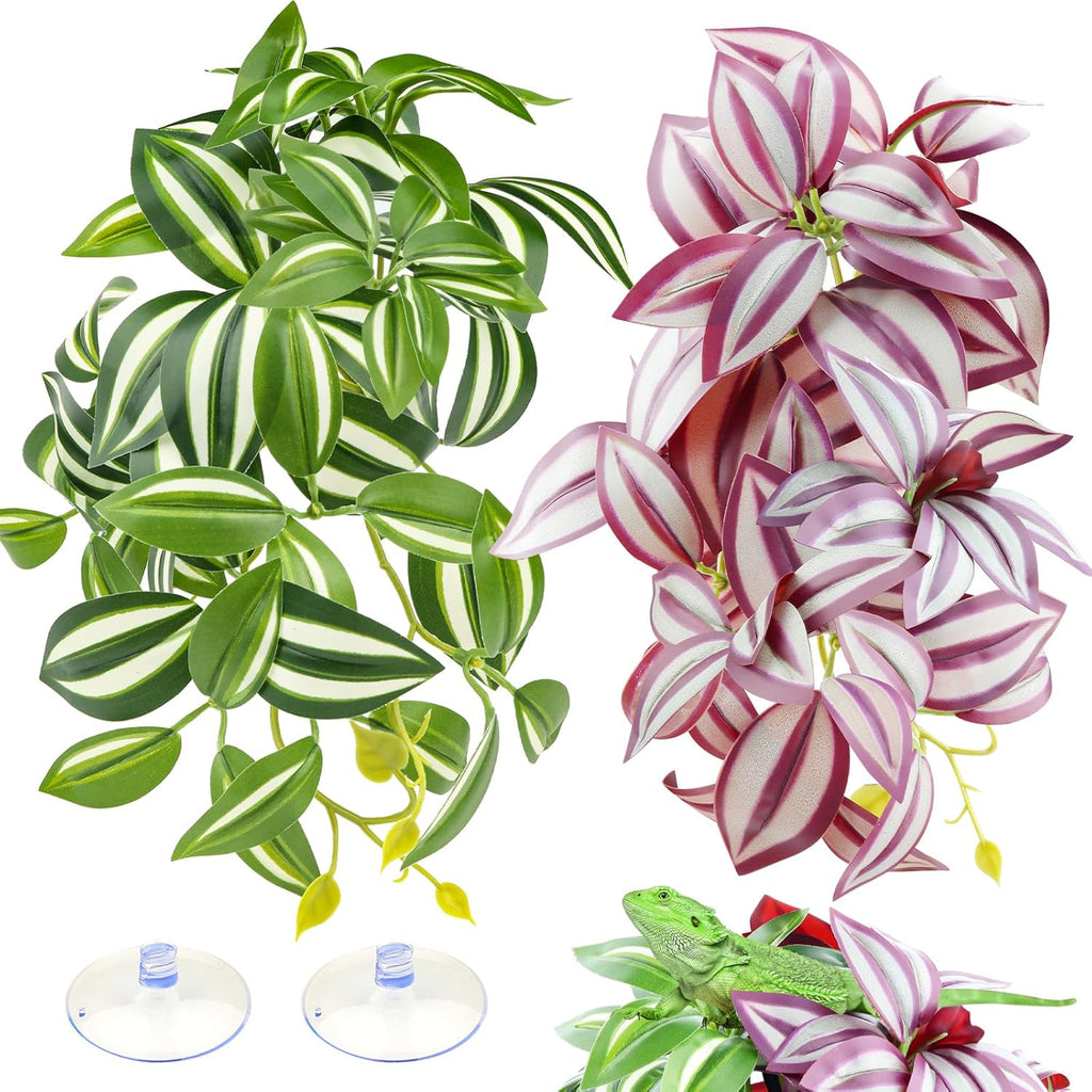 2 Pack Reptile Plants, Artificial Hanging Plants with Suction Cups, Habitat Decor Plastic Vines Decorations for Bearded Dragons Lizards Snake Geckos Frogs -Purple and Green