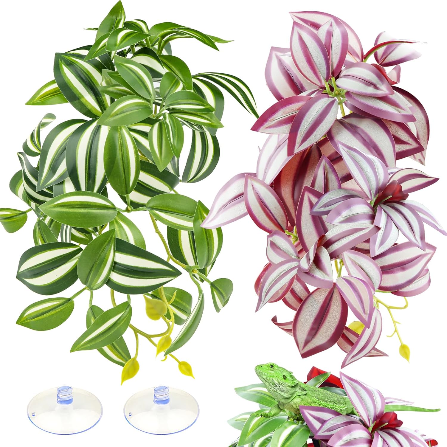 2 Pack Reptile Plants, Artificial Hanging Plants with Suction Cups, Habitat Decor Plastic Vines Decorations for Bearded Dragons Lizards Snake Geckos Frogs -Purple and Green