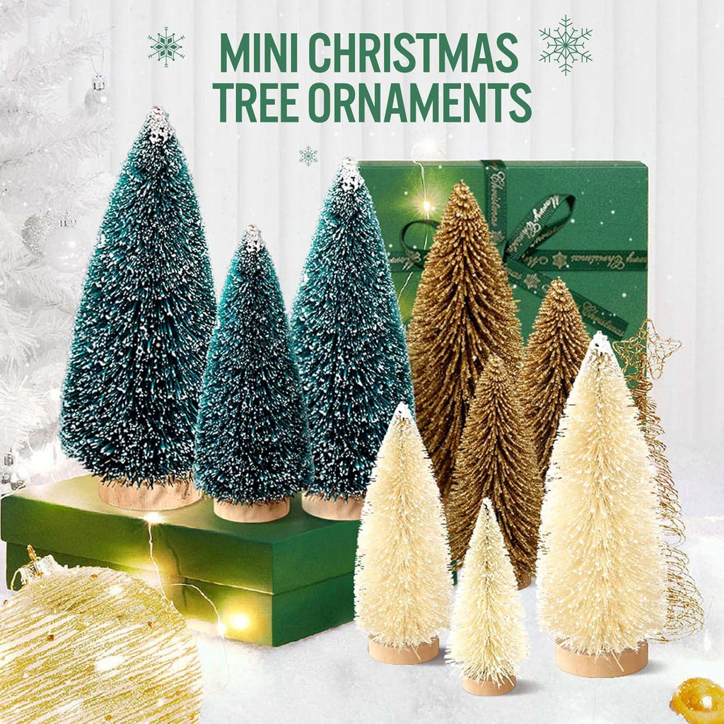 9Pcs Mini Christmas Trees Christmas Decor Artificial Christmas Decorations with 4 Sizes, Christmas Tree Bottle Brush Trees Christmas Table Decorations (Dark Green Golden Beige)