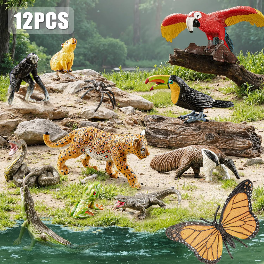 12PCS Realistic Rainforest Animal Figurines Toys, Idea for Rainforest Diorama Supplies Party Favor, Jungle Animals Figures Toys with Trees for Toddlers Kids Boys Girls