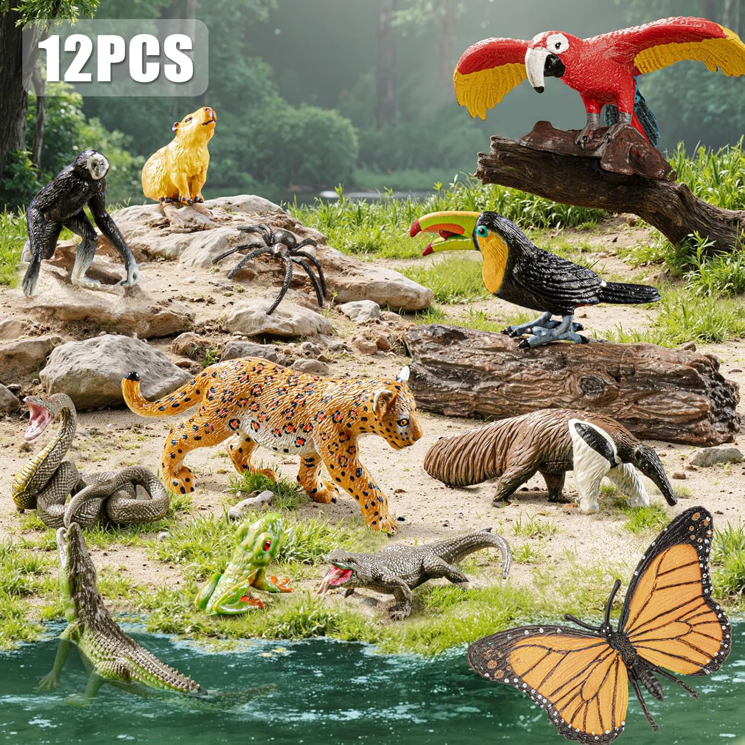 12PCS Realistic Rainforest Animal Figurines Toys, Idea for Rainforest Diorama Supplies Party Favor, Jungle Animals Figures Toys with Trees for Toddlers Kids Boys Girls