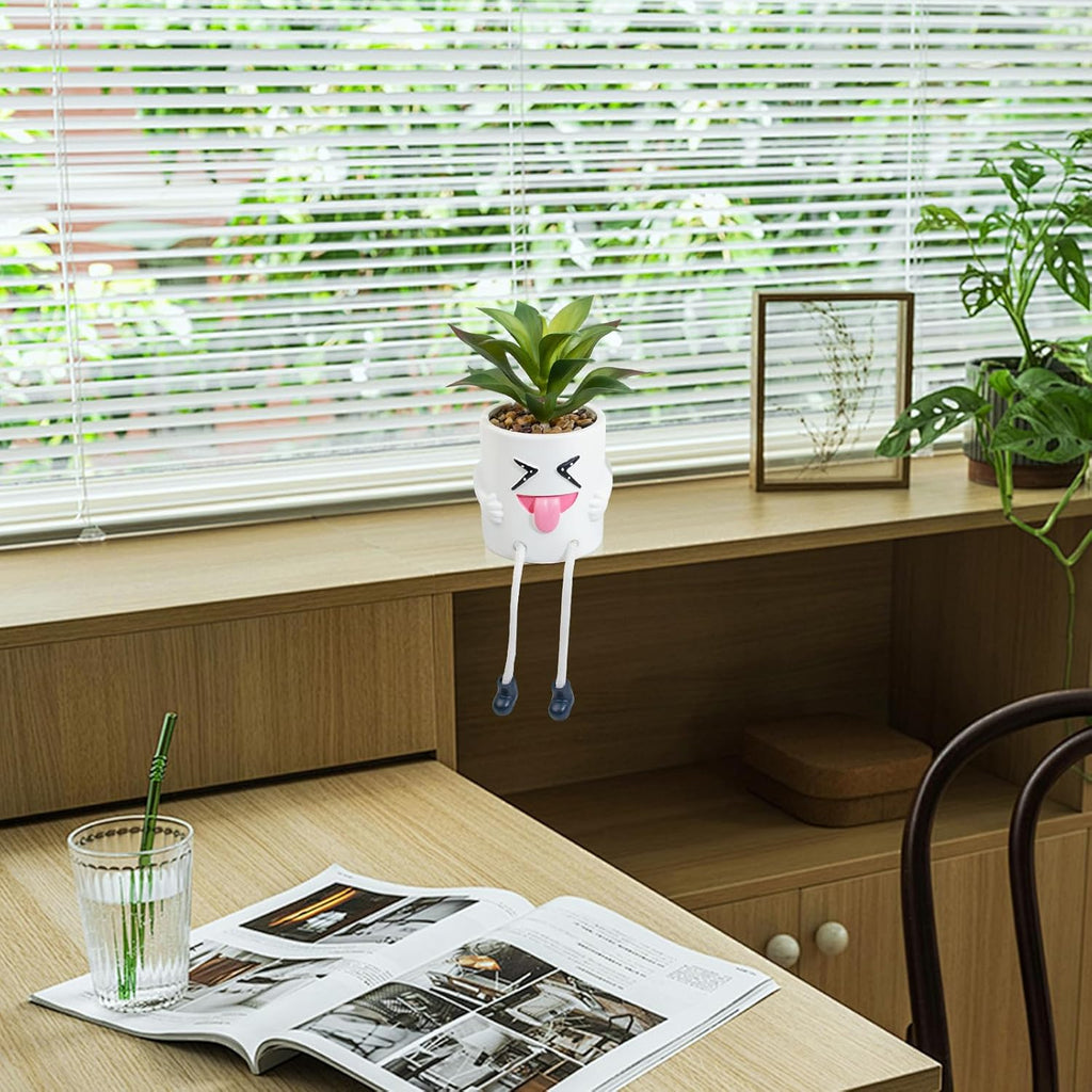 Fake Plant Mini Potted Succulents with Hanging Leg White Cute Pot Creative Artificial Succulent Plants in Funny Pot Faux Succulents for Home Office Shelf Desk Decor and Gift Choice