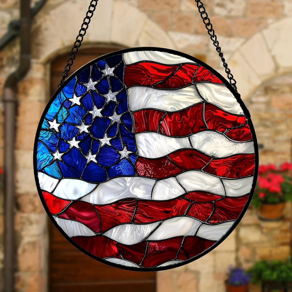 Stained Glass Window Hanging, Blue, White Red National Flag Pattern Sun Catchers Diamond Glass Panel Window Hangings Decor for Birthday Gifts for Women, Men, and Mom 7.8x7.8 in