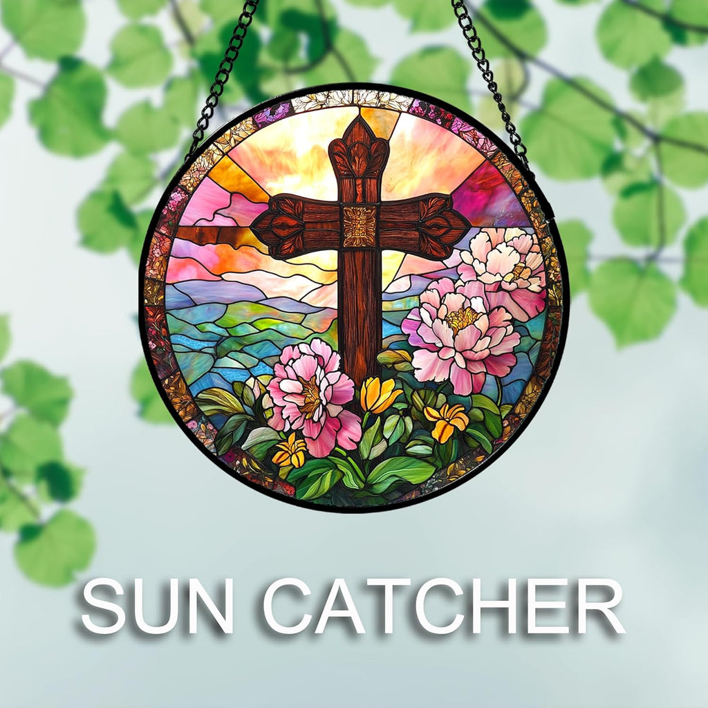 Christian Gifts for Women - Cross Stained Glass Window Hanging Jesus Easter Pink Flower Peony Sun Catcher Garden Religion Decor Mother's Day Catholic Gift for Men Grandma Mom Her Nana 11.8"