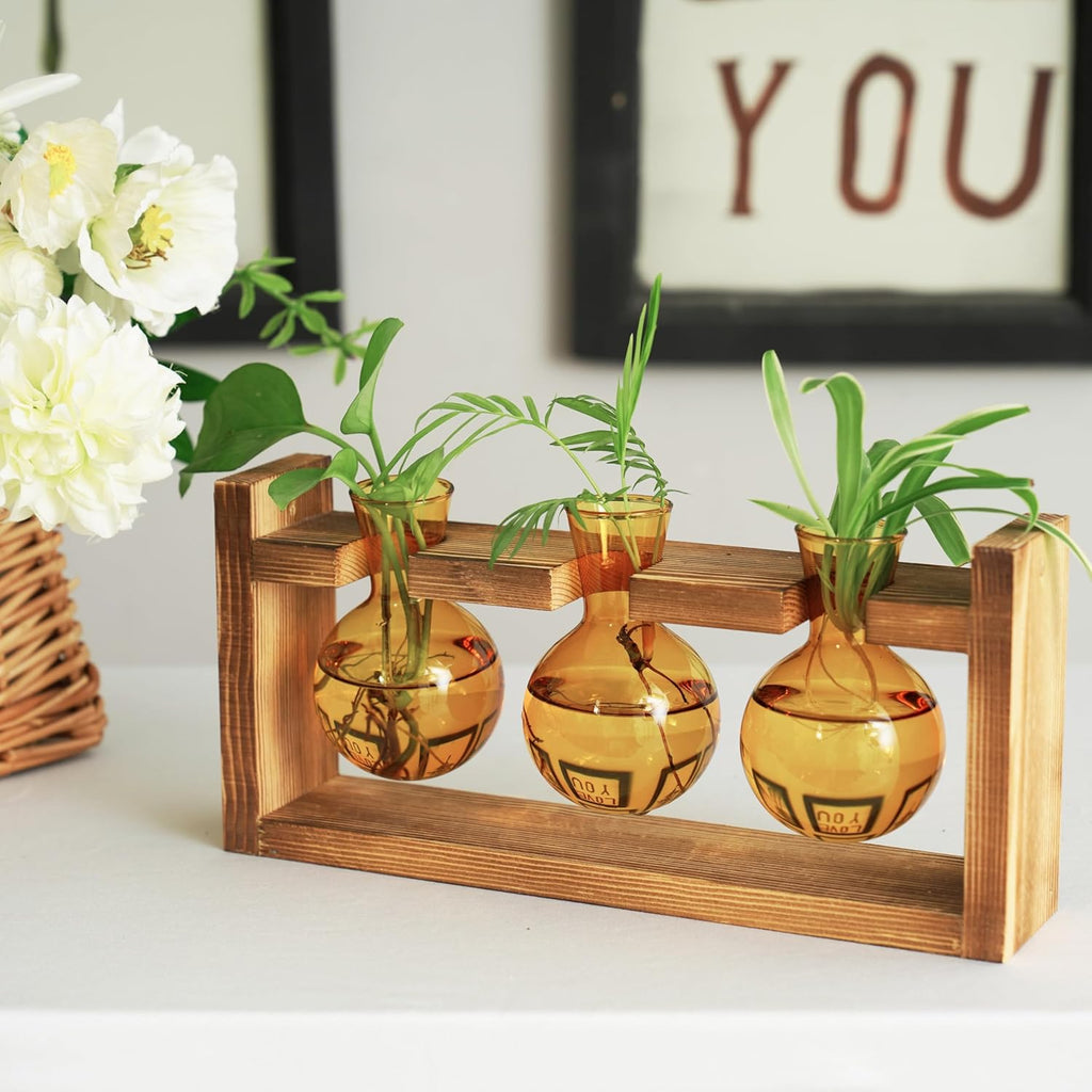 Kingbuy Glass Plant Terrarium Propagation Station - 3 Bulb Colored Vases with Retro Wood Stand Indoor Garden Planter - Wall Mounted & Desktop Decor for Home Kitchen Wedding, Plant Lover Gift, Amber