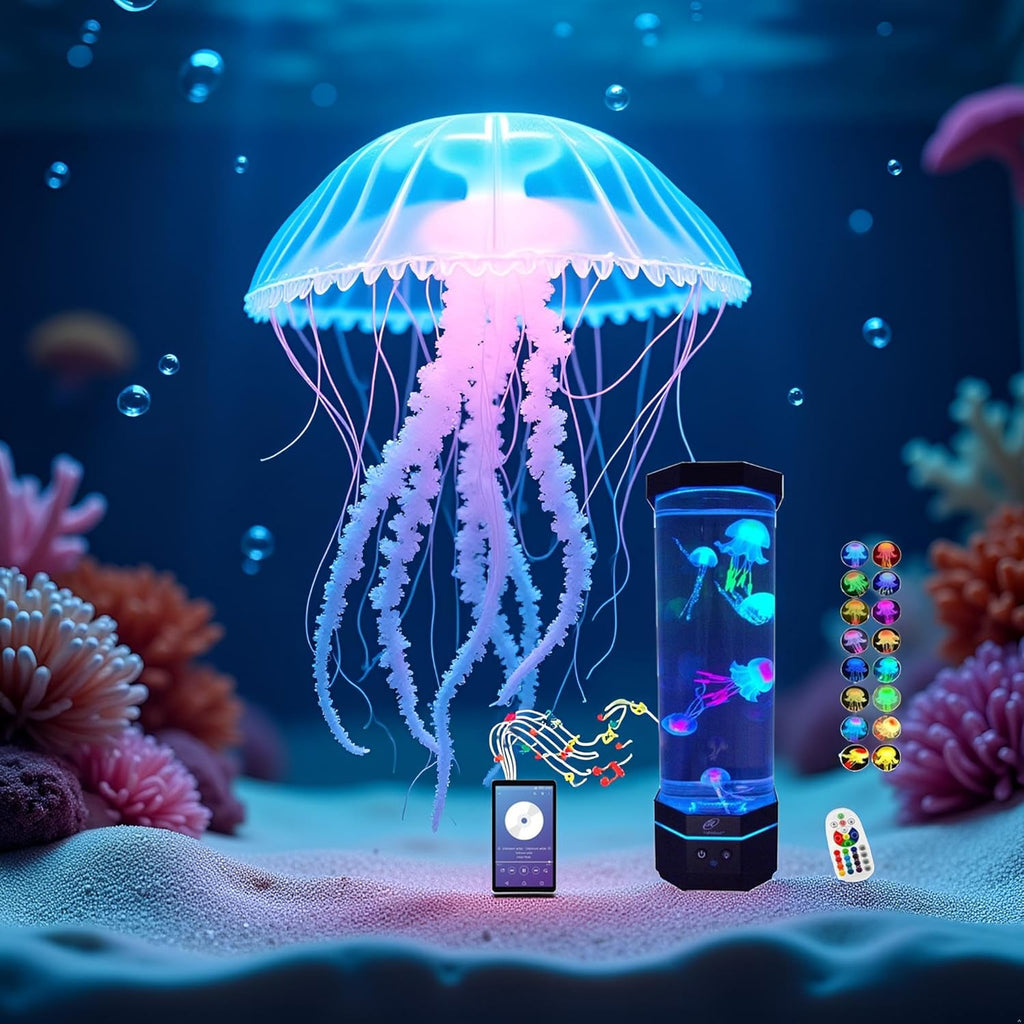 Lightahead LED Sensory Jellyfish Aquarium Lamp with Bluetooth Speaker and Color Changing Light Effects. Majestic and Standing Tall at 12 Inches! Medium (12 Inches Tall)