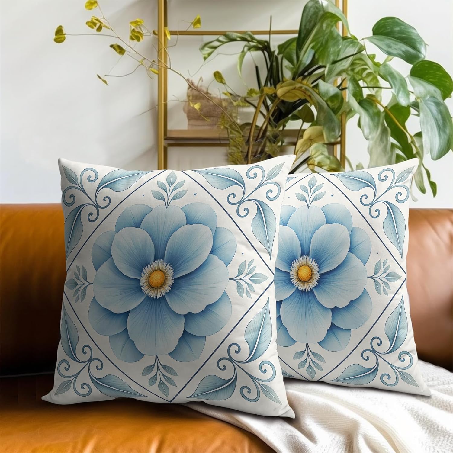 Artisan Blue and White Floral Throw Pillow Covers Set of 2 Ultra-Soft All-Season Pillow Shams with Hidden Zipper,Durable for Sofa Bed Car Decor & Gift 18x18IN