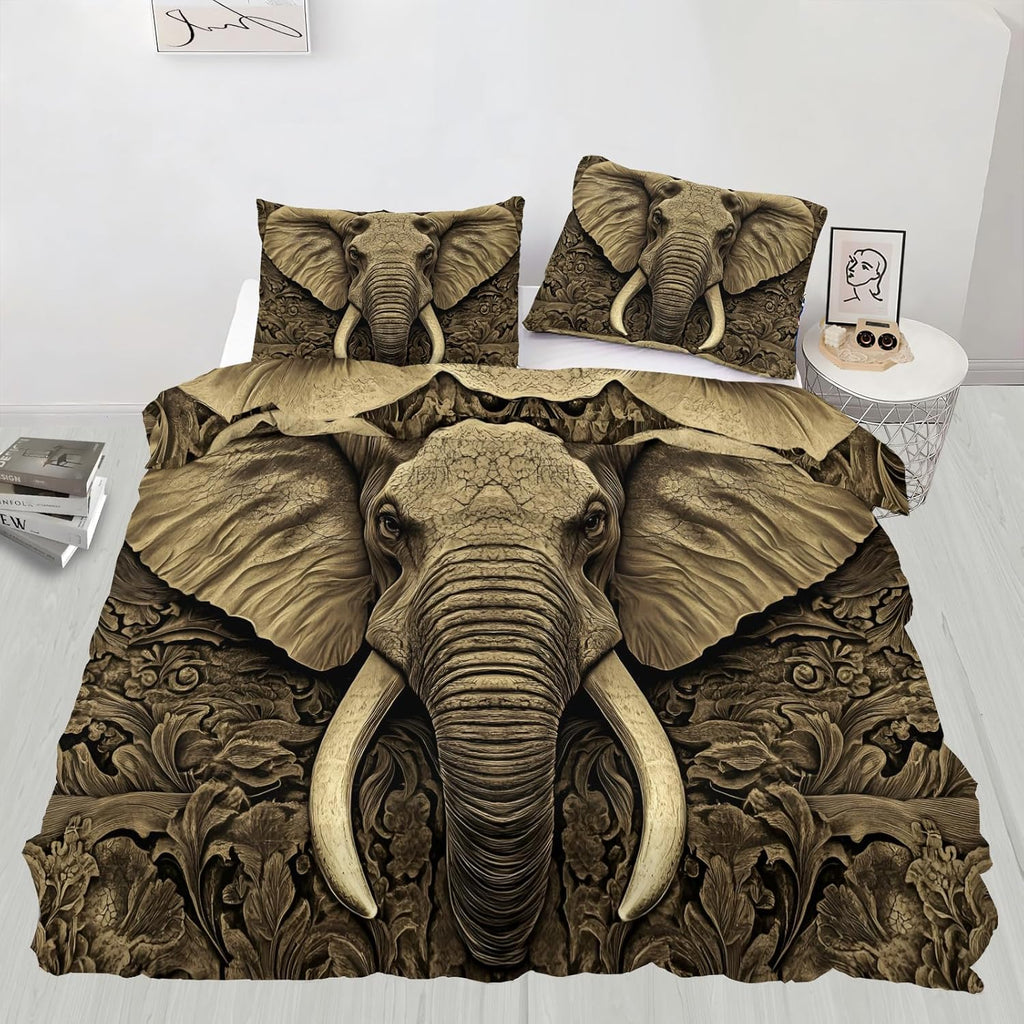 3D Elephant Duvet Cover Queen Size, Carved Rocks Elephant Bedding Set 3 Piece Bedroom Decor Ancient Indian Comforter Cover with Zipper Ties & 2 Pillowcases
