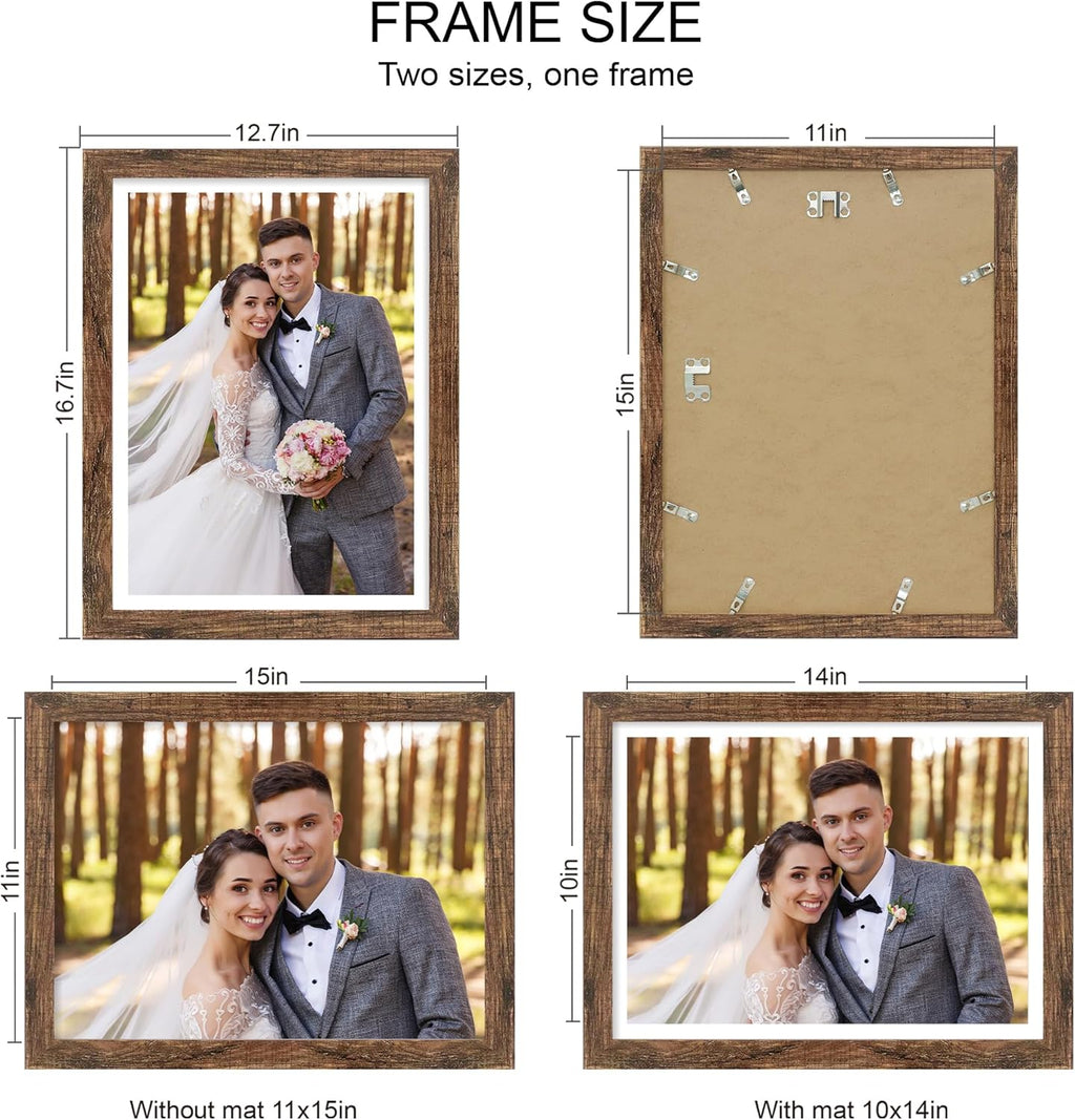 11x15 Picture Frame Set of 4, Made of Real Glass and Rustic Brown Frame - Display Picture 10x14 with Mat or 11x15 Without Mat, 11 by 15 Photo for Wall Mounting