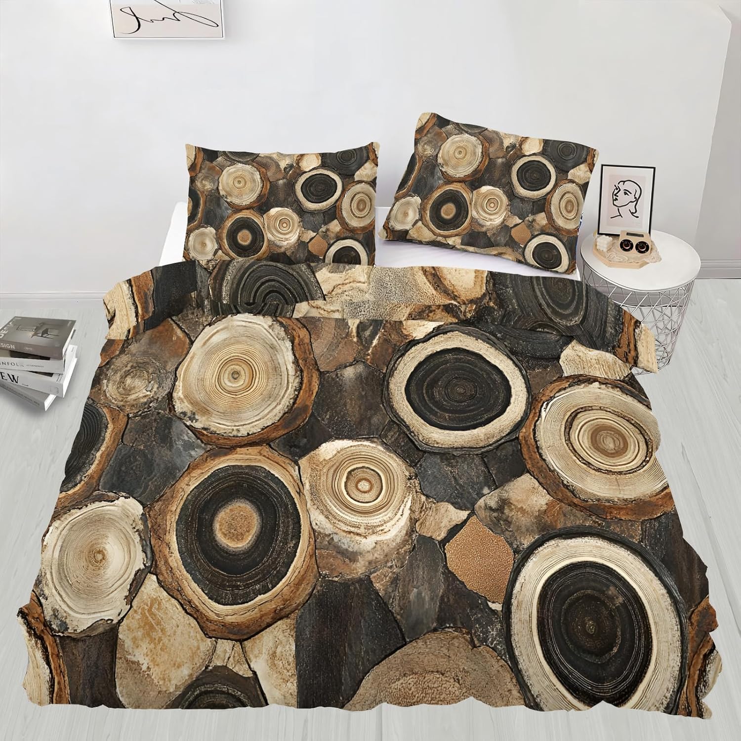 Wooden Logs Duvet Cover King Size, Brown Wood Textures Bedding Set 3 Piece Bedroom Decor Circles Timber Oak Grain Patterned Comforter Cover with Zipper Ties & 2 Pillowcases
