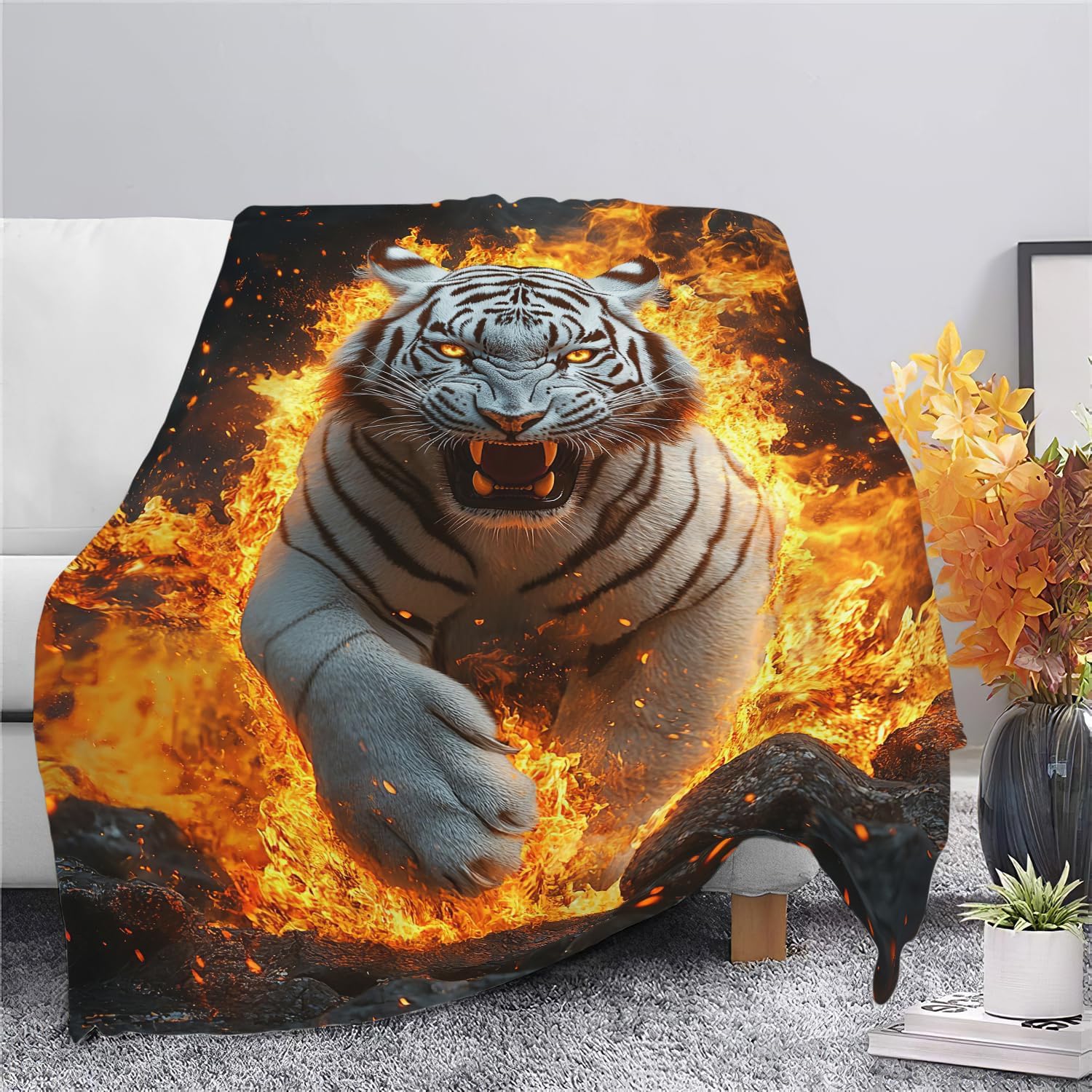 White Tiger Throw Blanket White Tiger Animal Blanket Gifts for Kids Girls Boys Soft Cozy Warm Plush Fluffy Fuzzy Fleece Blanket Birthday Festival Decor 40''X50''