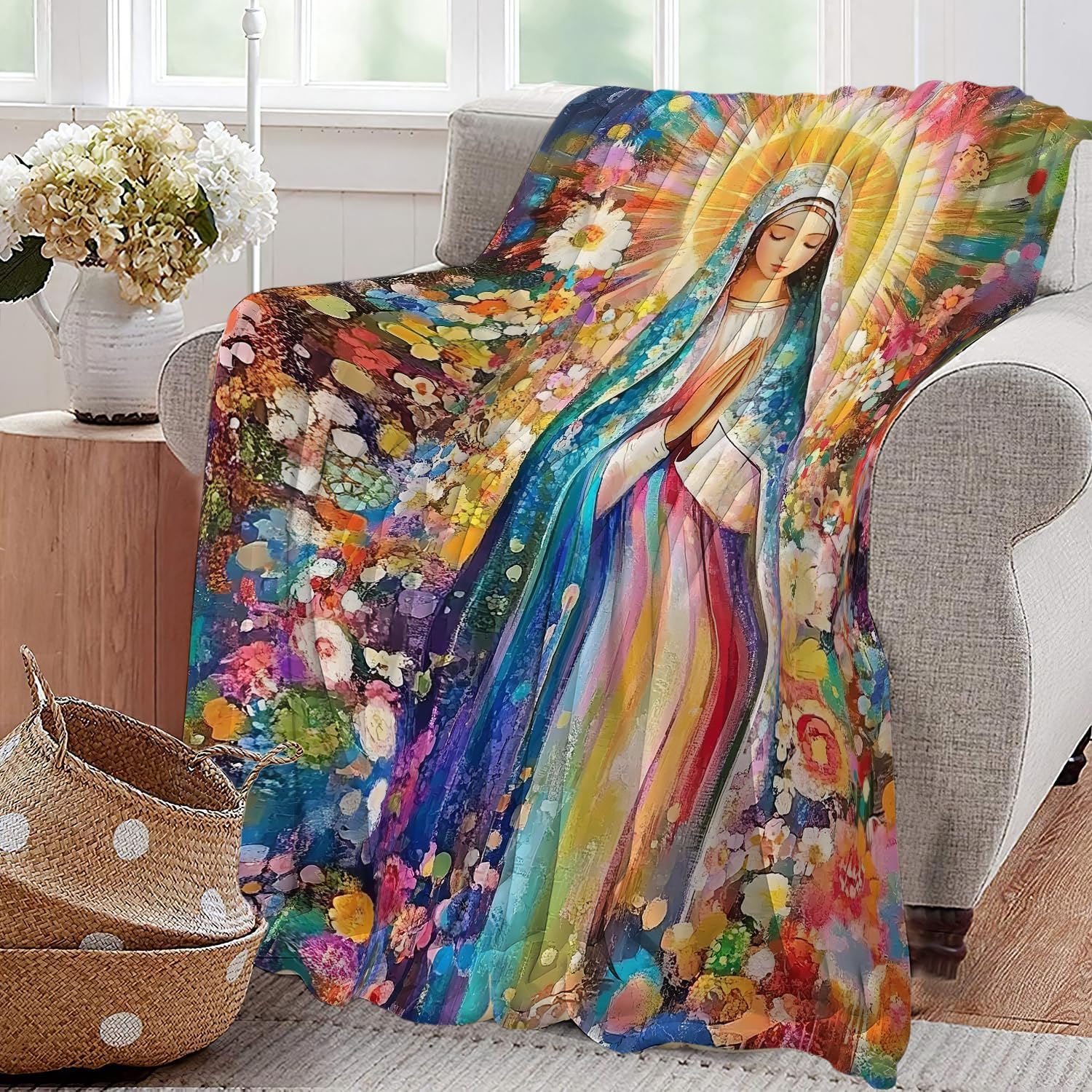 Virgin Mary Blanket Catholic Christian Throw Blankets Religious Gifts for Women Men Faith Prayer Soft Cozy Fleece Plush for Couch Sofa Bed 80"x60"