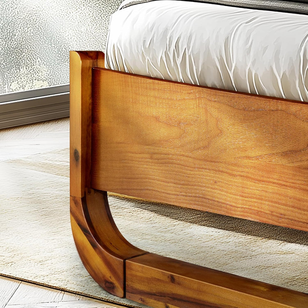 Sunset Solid Acacia Wood King Platform Bed, Tall Headboard, Mid-Century Art Deco Design, No Box Spring Needed, Sturdy Slat Support, Scratch & Water-Resistant, Caramel Finish