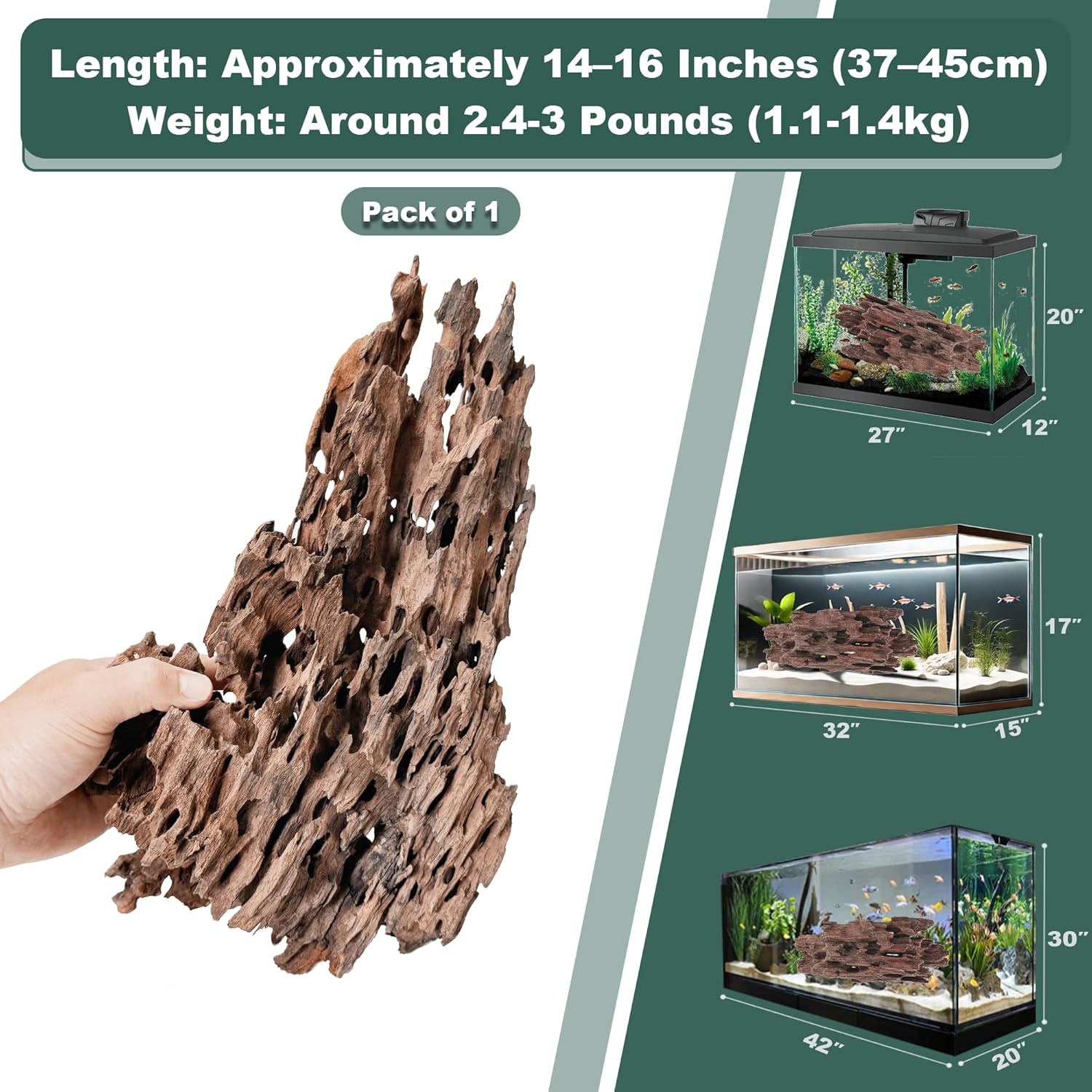 Natural Wood Driftwood for Aquarium Fish Tank Decor,Assorted Driftwood Trunk Branch for Reptile Tank Decor (SHP-XM Driftwood (14 to16 Inch)-Pack of 1)
