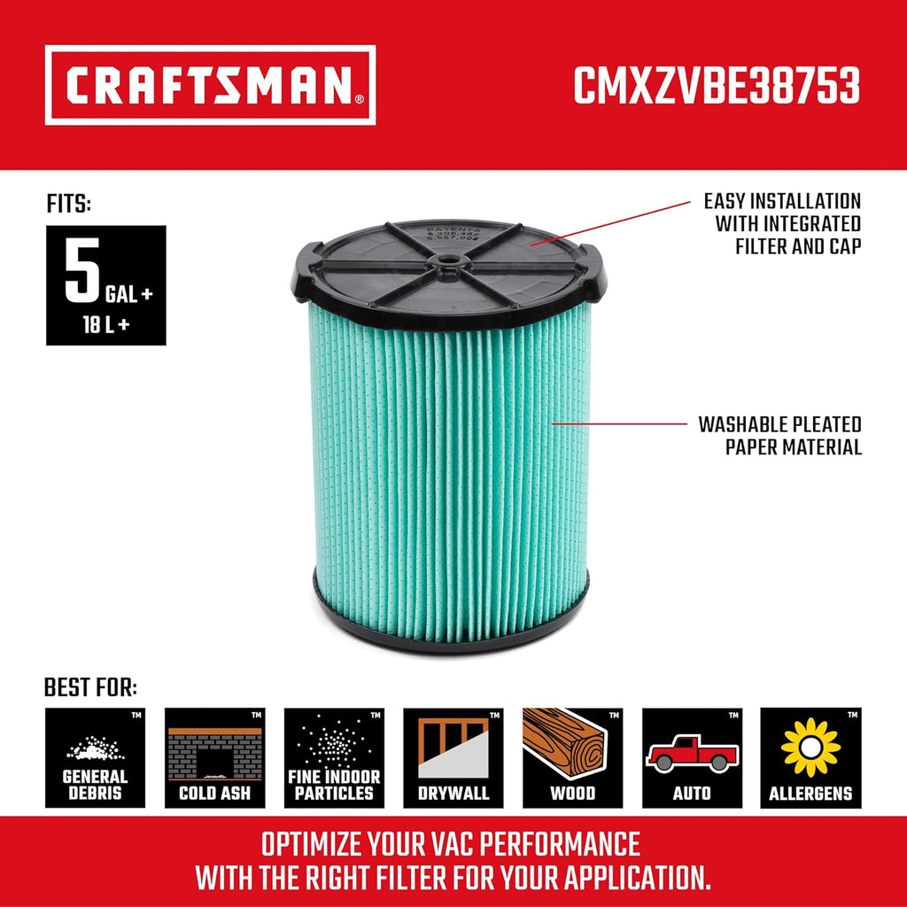 CRAFTSMAN CMXZVBE38753 Genuine HEPA Media Wet Dry Vac Replacement Vacuum Filter for Most 5 to 20 Gallon CRAFTSMAN Shop Vacuums, Easy Installation and Traps Allergens