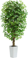 Artificial Ficus Tree 7FT Faux Floor Tree with Planter UV Resistant Potted Fake Silk Plant, Real Wood Trunk-Indoor Outdoor Lifelike Fake Ficus Tree for Home, Living Room Bedroom Topiary Tree