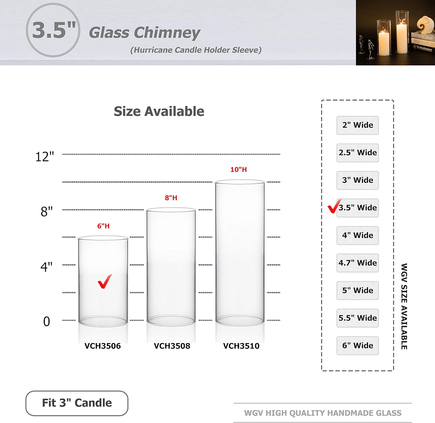 WGVI Hurricane Candle Holder Sleeve, Wide 3.5", Height 6", Clear Glass Cylinder Candleholder, Chimney Tube, Open Ended Candle Shade, 1 Piece