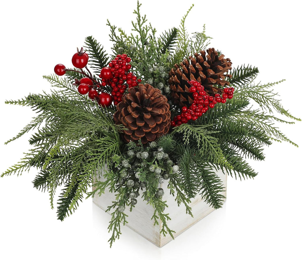 Christmas Centerpieces Table Decorations 10" Small Artificial Potted Christmas Tree Norfolk Pine Plants with Red Berry Pine Cones in Wooden Pot for Home Winter Xmas Mantel Farmhouse Indoor Decor