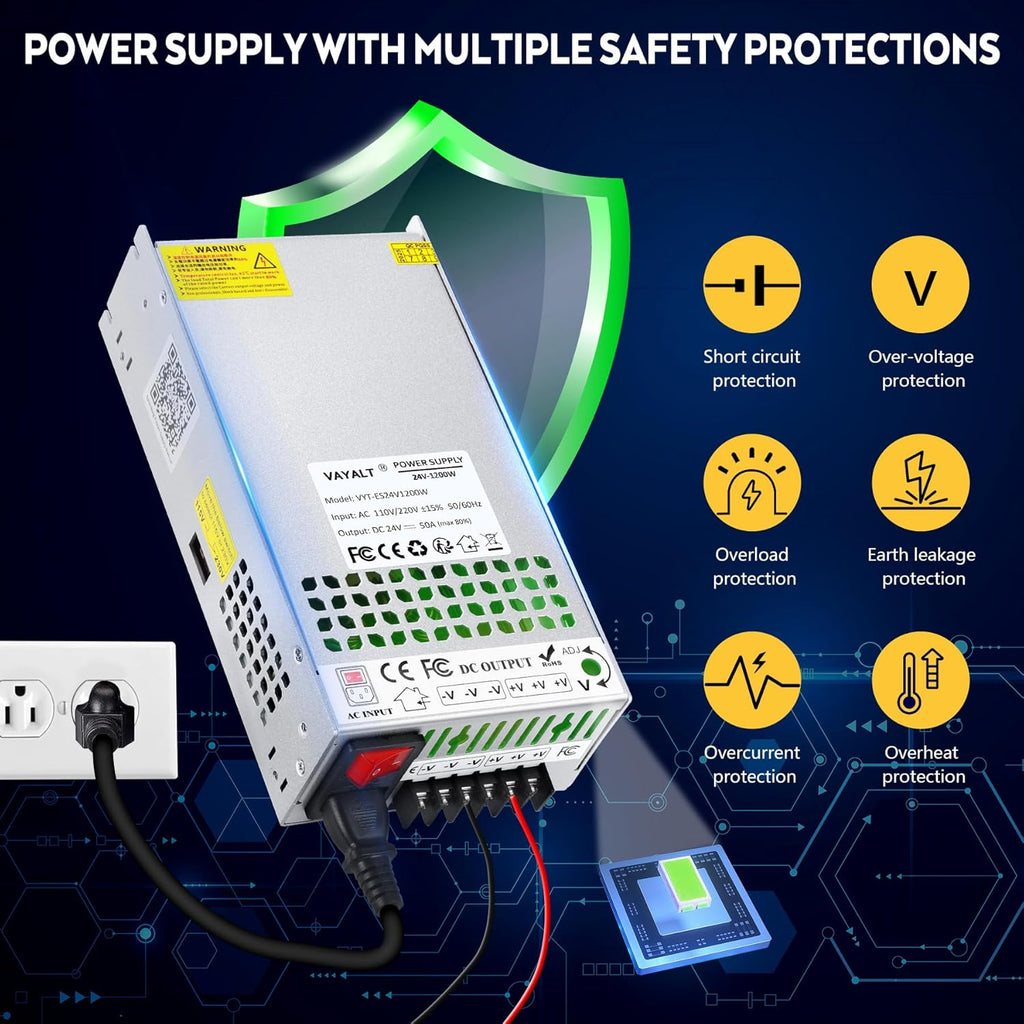 VAYALT 24V 50A 1200W DC Switching Power Supply, Universal Regulated Switching AC 110V/220V to DC 24V Transformer, Power Supply for Industrial, CCTV, Computer Project, 3D Printer, LED Strip Light