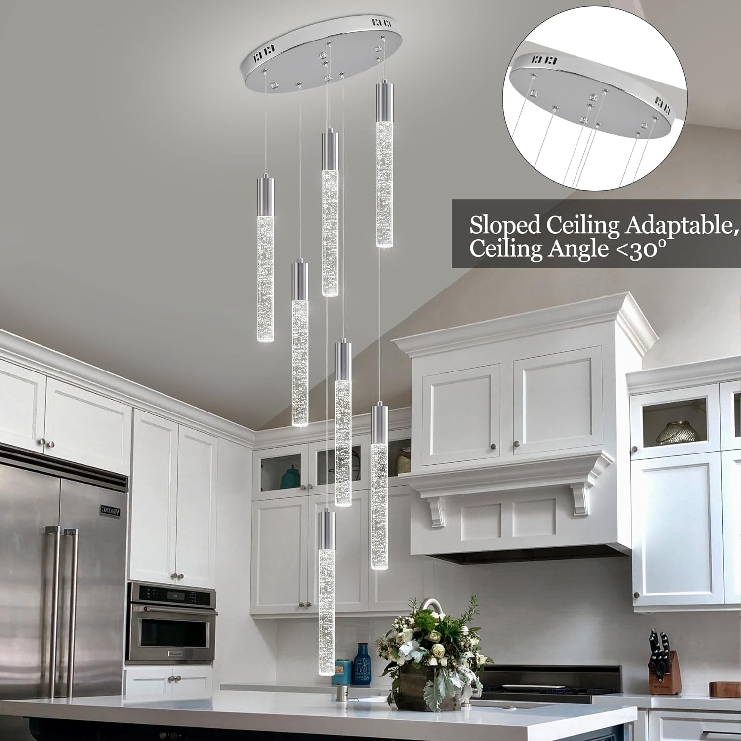 Modern High Ceiling Crystal Chandelier 7-Lights, Spiral LED Raindrop Foyer Pendant Lighting, Bubble Staircase Living Room Hanging Light Fixture Flush Mount Chrome