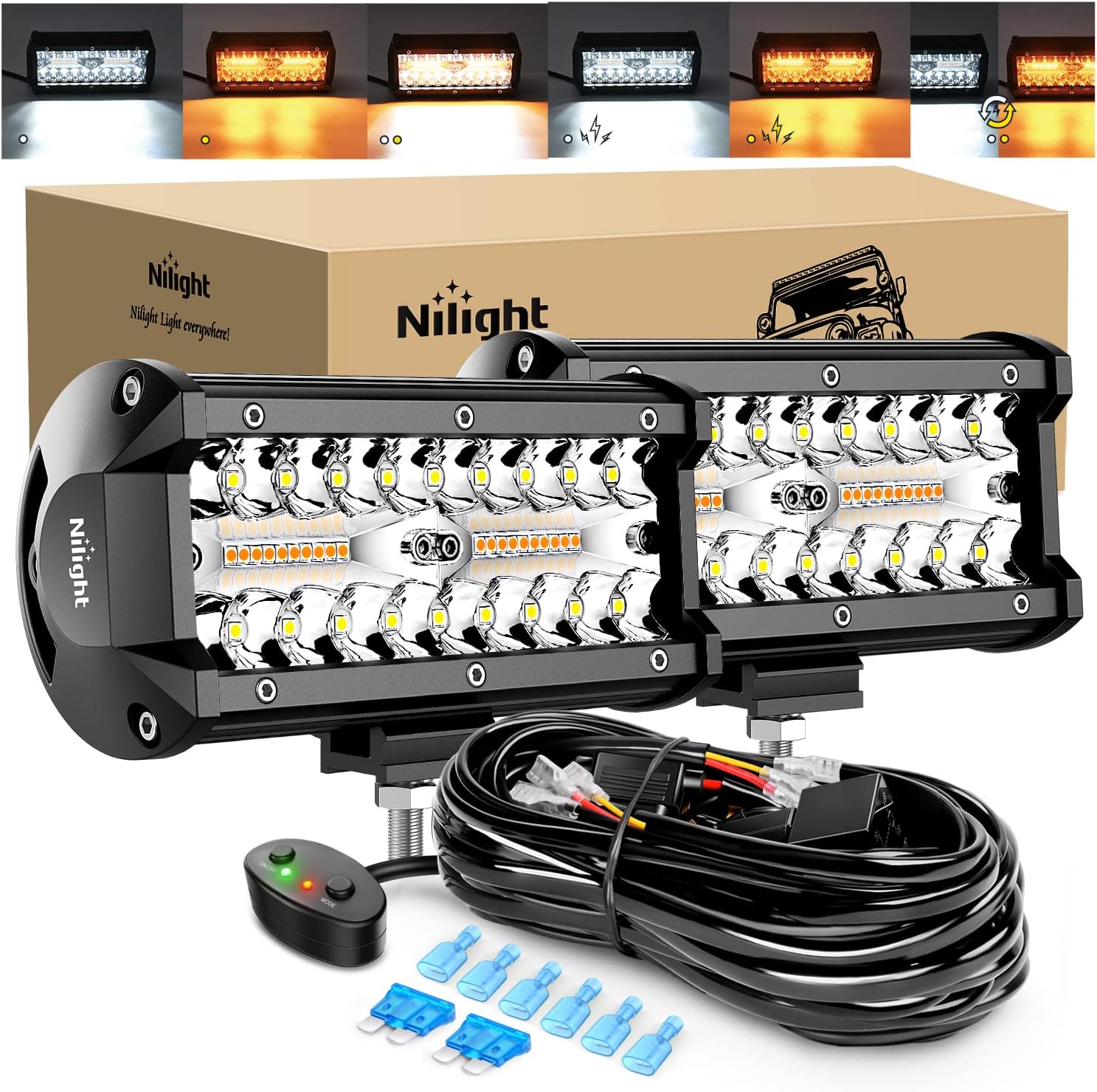 Nilight 2PCS 6.5 Inch 120W LED Light Bar Amber White Strobe 6 Modes Memory Function Off-Road Truck Car ATV SUV Cabin Boat with 16AWG Wiring Harness Kit-2 Lead